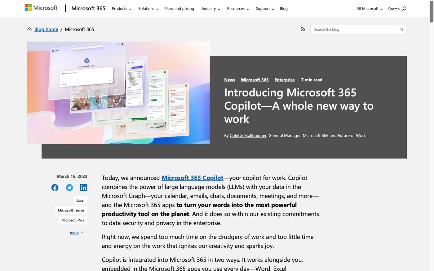 Screenshot from Microsoft 365 blog post titled "Introducing Microsoft 365 Copilot—A whole new way to work."