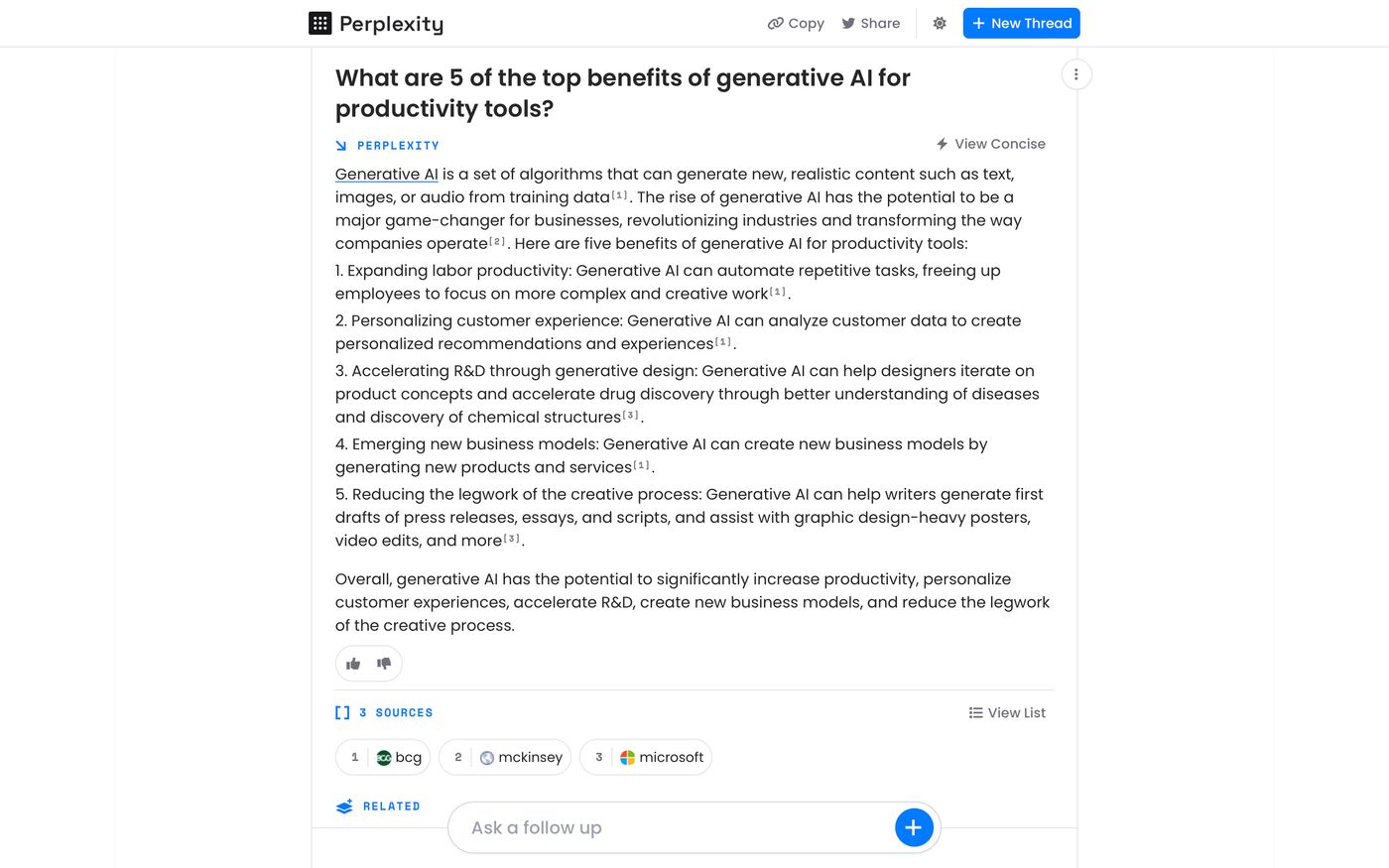 Screenshot from Perplexity.ai, which shows prompt ("What are 5 of the top benefits of generative AI for productivity tools?") and response, with 3 source links.