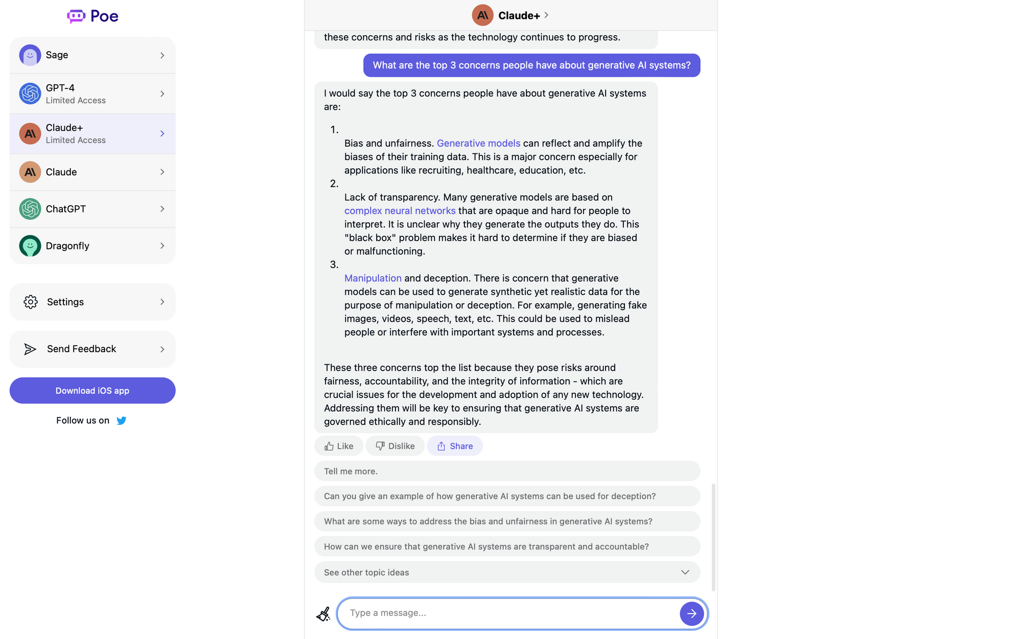 Screenshot from Poe.com, with Claude+ selected, and a prompt ("What are the top 3 concerns people have about generative AI systems?") with response.