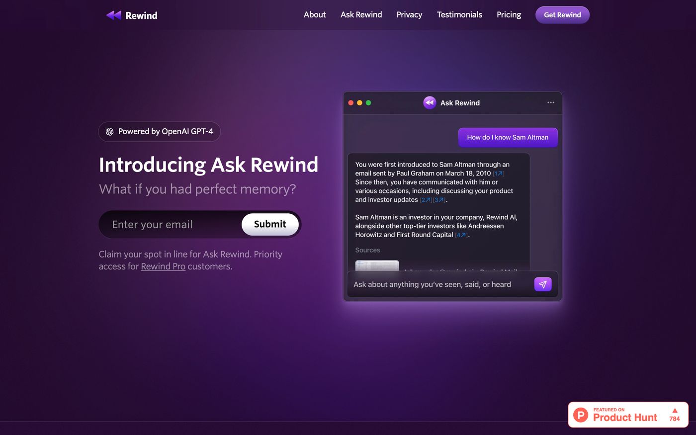 Screenshot from Rewind.ai of the "Introducing Ask Rewind" page, which shows a sample chat query of Rewind.