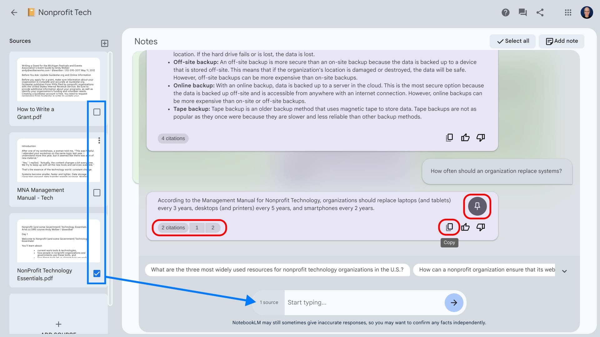 Screenshot that shows sources and select boxes along the left, and a prompt and response, with citation, copy and pin options.