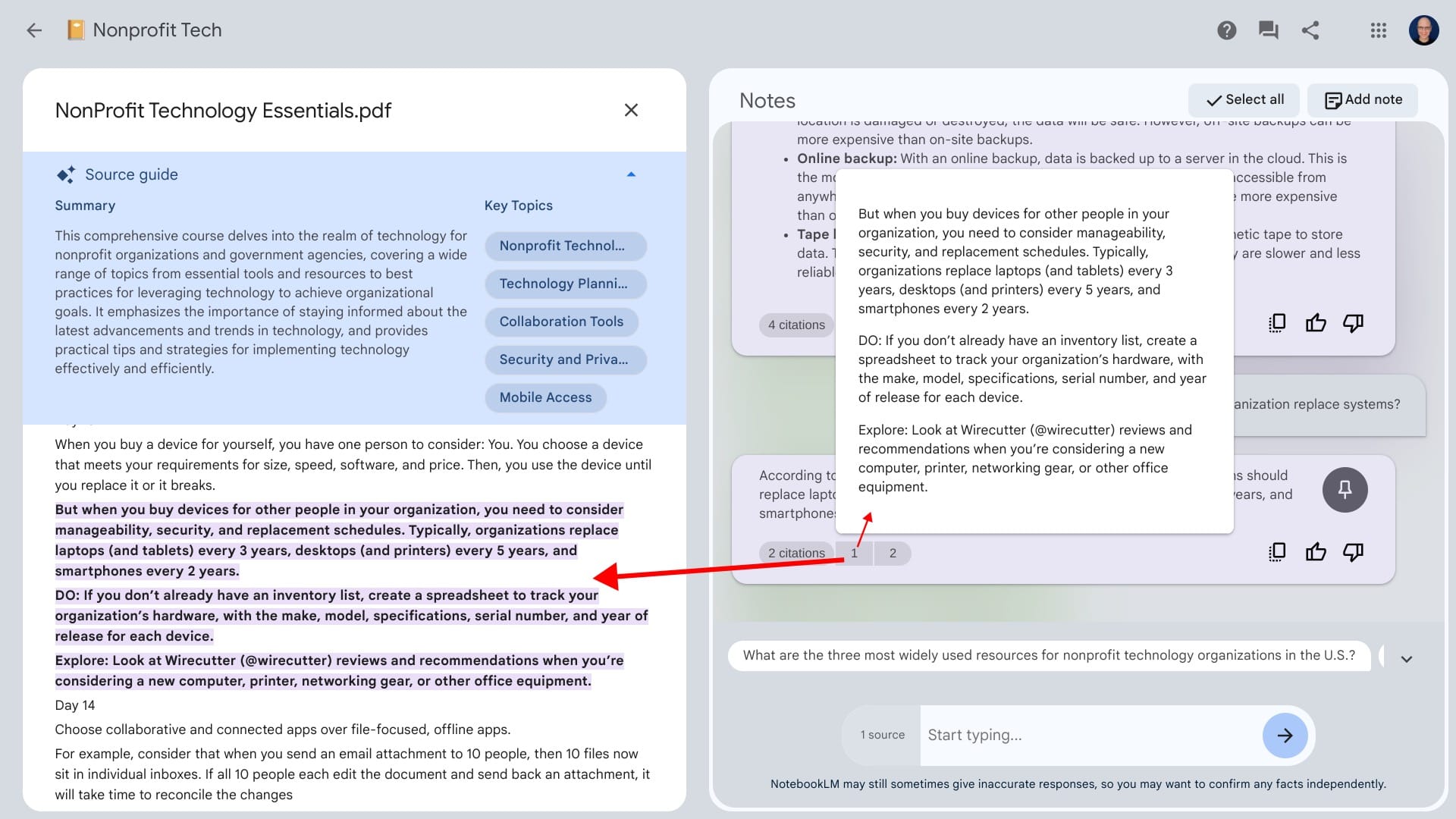 Screenshot of a citation showing both the preview (displays in-line over the response thread) and opened citation source (displays on the left, with citation highlighted in the source document).