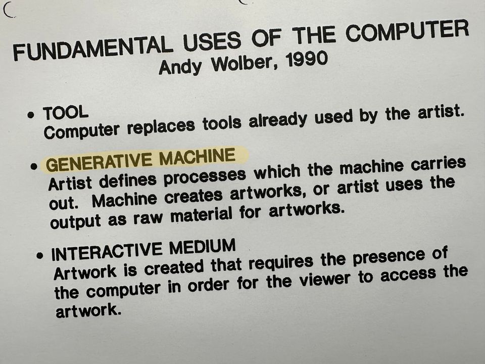 Slide with title: Fundamental uses of the computer. Bullets: Tool, Generative machine, and Interactive medium.